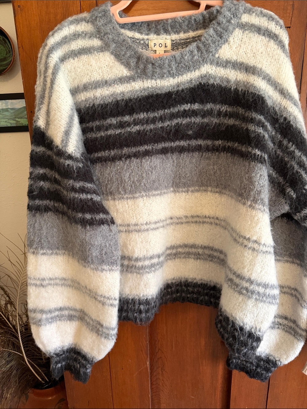 POL Fuzzy Striped Crewneck Sweater in Gray & White